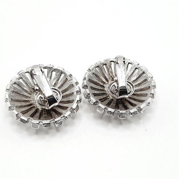 Vintage Crown Trifari Rhodium Plated Clip Earrings, Mid-Century Sunburst Jewelry - Picture 11 of 13